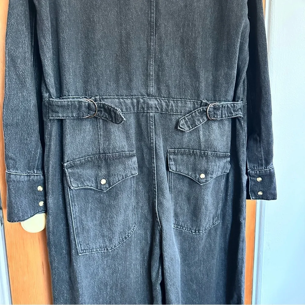 free people townes black denim long sleeve button up jumpsuit coveralls